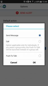 A new setting named "Default action on contact press" has been added to the Settings, Options menu of Team on the run Application