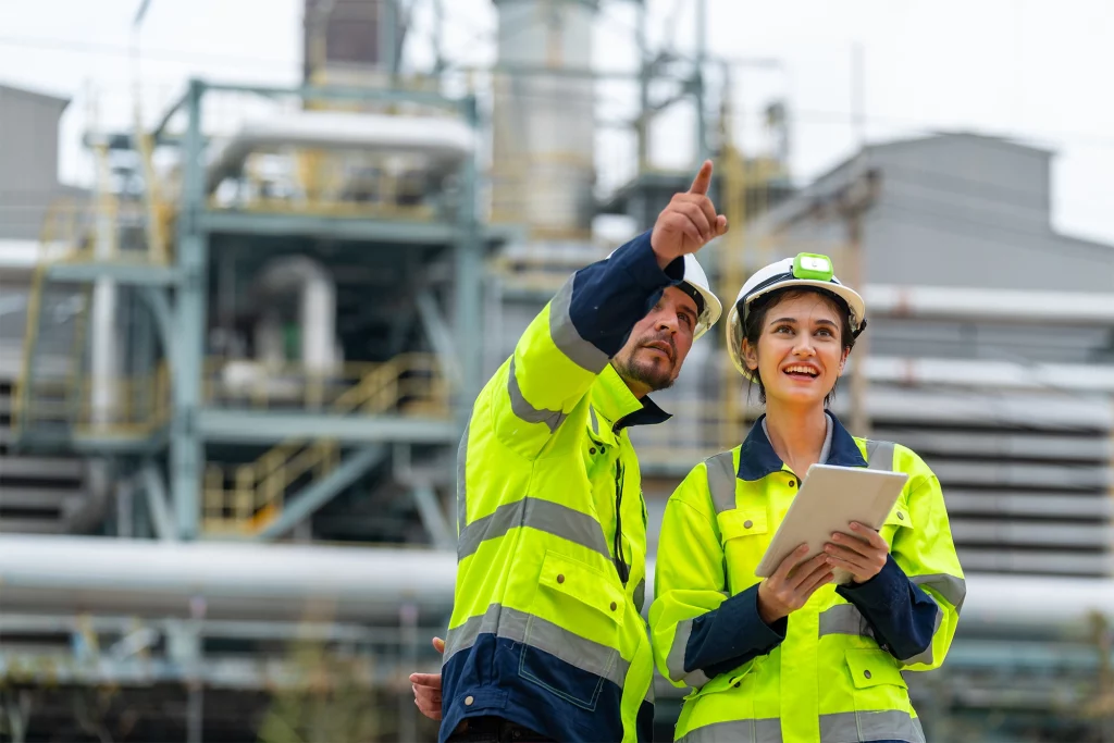 Two employees of an oil rig using a tablet to collaborate on a project.